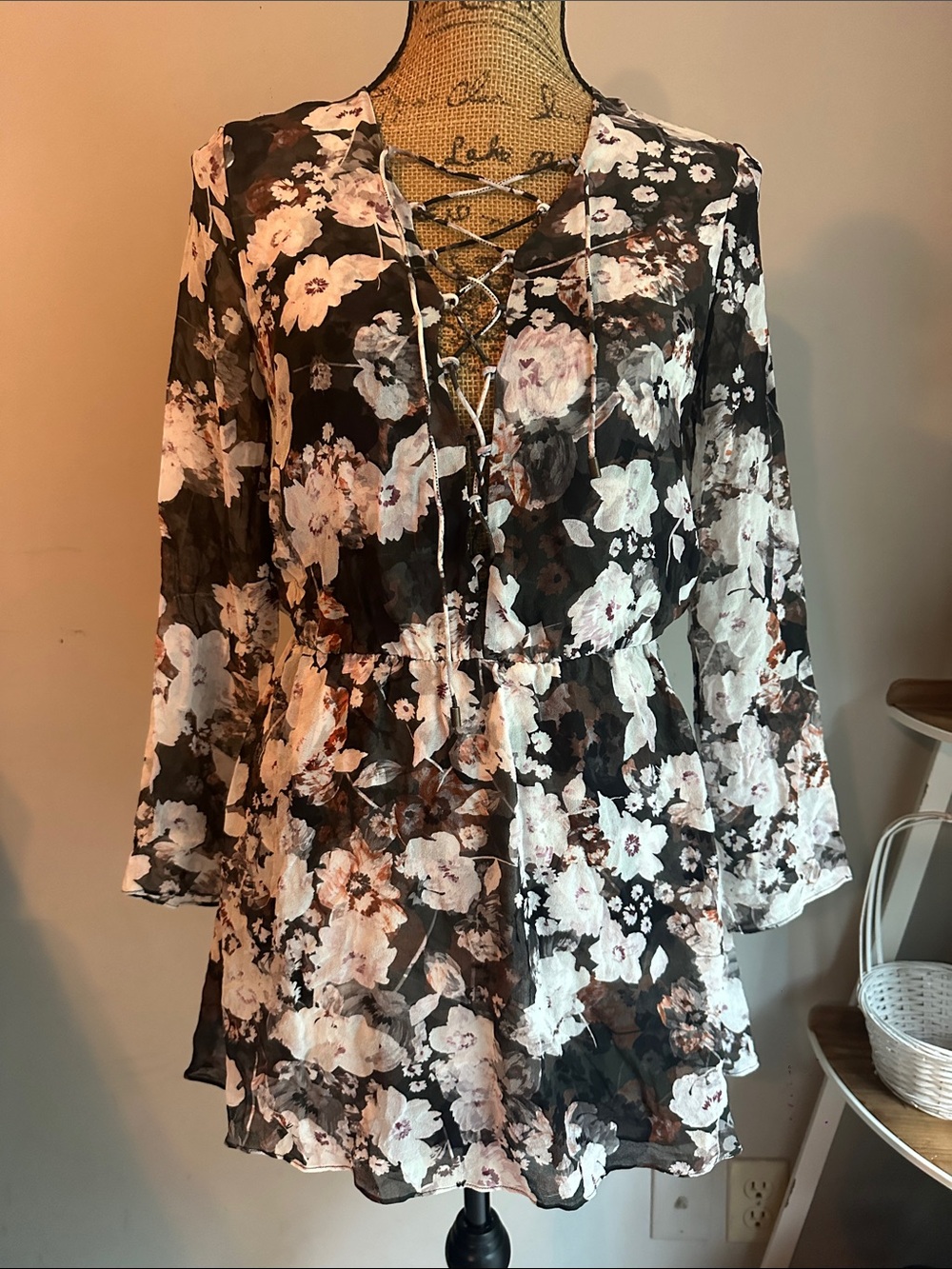 INTERMIX Black Floral Lace-Up Peasant Tunic